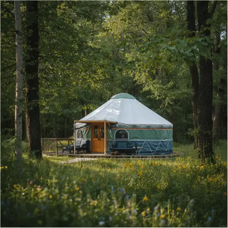 Photo d'une Yourte dans la forêt.